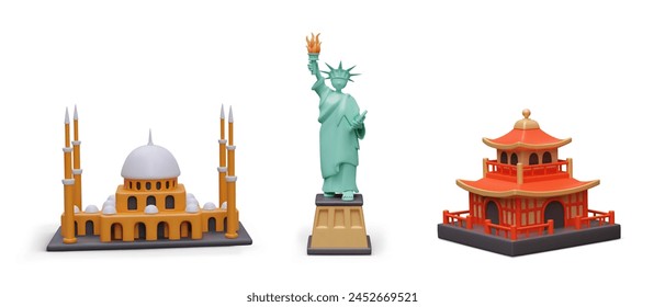 Set of sights of different countries and cultures. Realistic mosque, Statue of Liberty, pagoda