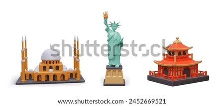Set of sights of different countries and cultures. Realistic mosque, Statue of Liberty, pagoda