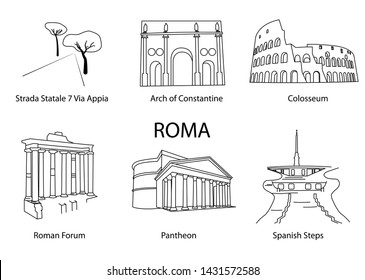 Set the sights of Rome. Italy famous places. travel icons.