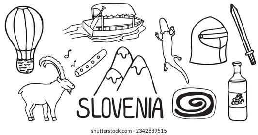 A set of sights of Slovenia. Vector stock illustration. wattle, wine, vineyards, helmet, sword, knight, salamander, alm, protei, proteidae, powitica, potica. Isolated on a white background.