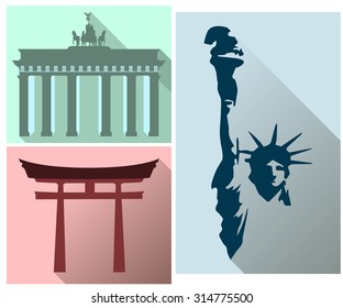 Set sights and symbols of different countries. The Statue of Liberty. Brandenburg Gate. Japan Gate. Flat icon set.