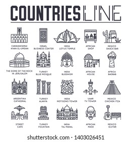 Set of sightseeing attractions of countries all over the world thin line icons isolated on white. Famous architecture outline pictograms collection. Landmarks vector elements for infographic, web.