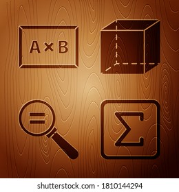 Set Sigma symbol, Chalkboard, Calculation and Geometric figure Cube on wooden background. Vector