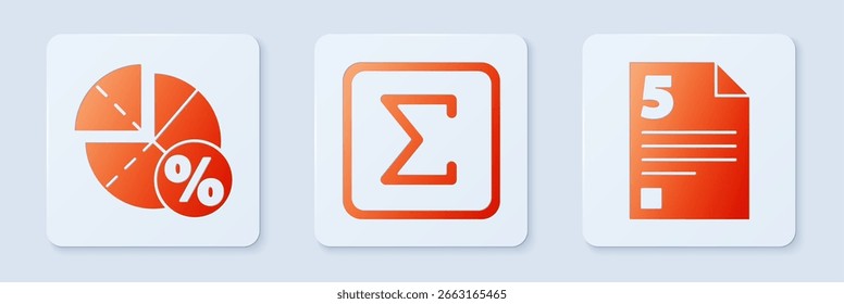Set Sigma symbol, Graph, schedule, chart, diagram and Test or exam sheet. White square button. Vector