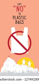 set sign and banner for environment and wording saying no to plastic bags.