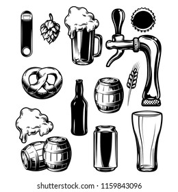 Set of sign with beer equipment in monochrome style. Vector illustration for oktoberfest