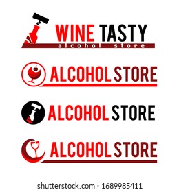 Set Sign Black corkscrew and a bottle of red wine. Design modern horizontal logos for Business. Vector logotype isolated on white background.
