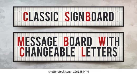 Set of sign boards with changeable letters. Classic banner for your projects or advertising. Light banner, vintage billboard or lightbox. Art mockup for announcements.