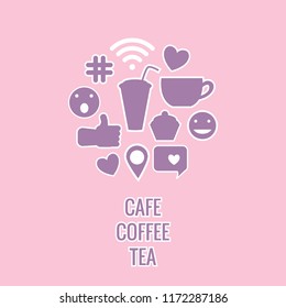 Set sign of cafe. Coffee tea and dessert symbols. Vector illustration of stickers isolated on a pink background.