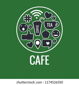 Set sign of cafe. Coffee tea and dessert symbols. Vector illustration of stickers isolated on a green background.