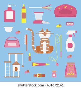 Set of sign cat accessories. Vector pet supplies. Animal equipment care grooming tools and food, domestic feline