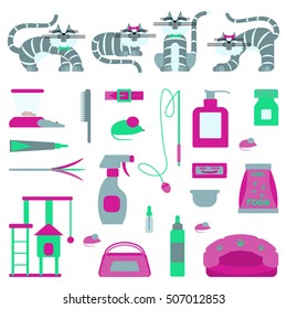 Set of sign cat accessories. Vector pet supplies. Animal equipment, care grooming tools and food, domestic feline