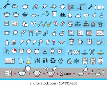 Set of sign for detailed guideline. Cooking and preparation instructions. Vector elements. Ready for your design. EPS10.