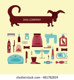 Set of sign dog accessories. Vector pet supplies. Animal equipment care grooming tools and food, dachshund.