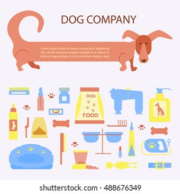 Set of sign dog accessories. Vector pet supplies. Animal equipment care grooming tools and food, dachshund.