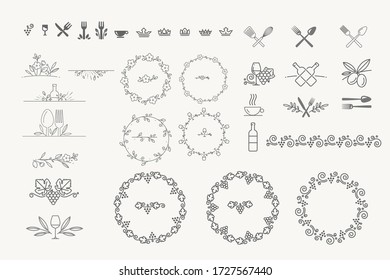Set of sign and elements for food and drink. Vector illustrations for graphic and web design, marketing material, restaurant menu, natural products presentation, packaging design.