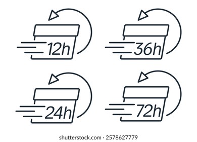 Set of sign of fast delivery, order fulfillment with time indication. Exchange, return. Vector linear icons isolated on white background.