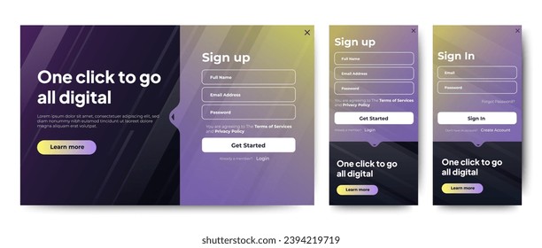 
Configurar formularios de suscripción e inicio de sesión. Gradiente negro. Página Registro móvil y formularios de inicio de sesión. Diseño web profesional, conjunto completo de elementos. Materiales de diseño fáciles de usar.
