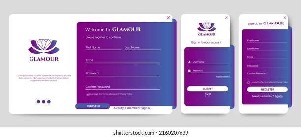 Set of Sign Up and Sign In forms. Blue gradient background with modern logo. Registration and login forms page. Professional web design, full set of elements. User-friendly design materials.