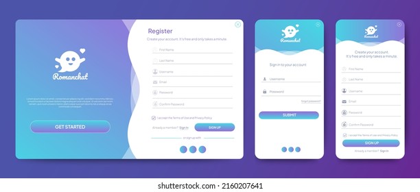 Set of Sign Up and Sign In forms. Blue gradient background with modern logo. Registration and login forms page. Professional web design, full set of elements. User-friendly design materials.