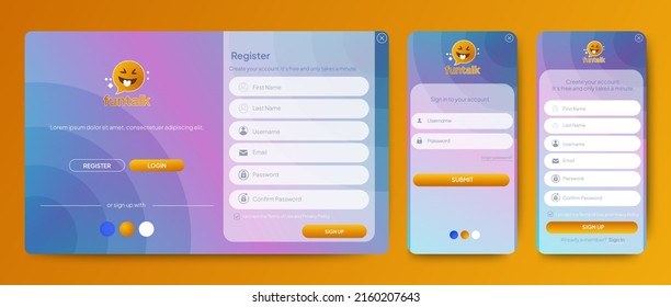 Set of Sign Up and Sign In forms. Blue gradient background with modern logo. Registration and login forms page. Professional web design, full set of elements. User-friendly design materials.