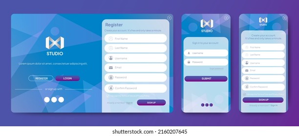 Set of Sign Up and Sign In forms. Blue gradient background with modern logo. Registration and login forms page. Professional web design, full set of elements. User-friendly design materials. svg