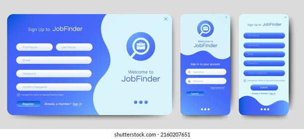 Set of Sign Up and Sign In forms. Blue gradient background with modern logo. Registration and login forms page. Professional web design, full set of elements. User-friendly design materials.