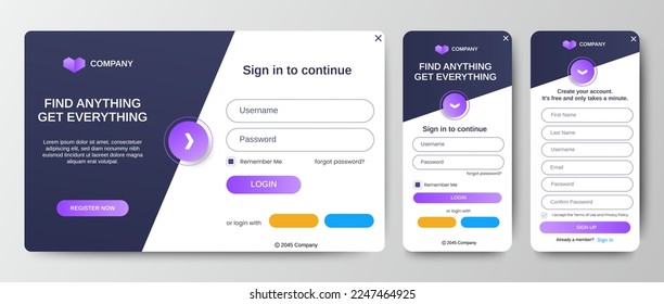 Set of Sign Up and Sign In forms. Blue gradient. Mobile Registration and login forms page. Professional web design, full set of elements. User-friendly design materials.	