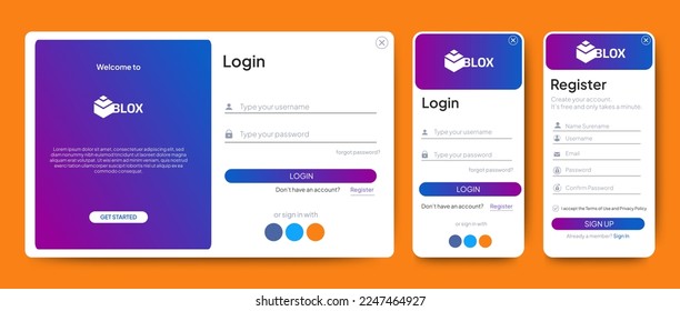 Set of Sign Up and Sign In forms. Blue gradient. Mobile Registration and login forms page. Professional web design, full set of elements. User-friendly design materials.	