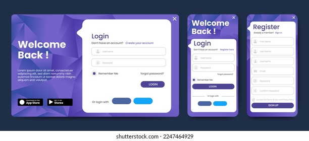 Set of Sign Up and Sign In forms. Blue gradient. Mobile Registration and login forms page. Professional web design, full set of elements. User-friendly design materials.	