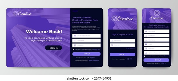 Set of Sign Up and Sign In forms. Blue gradient. Mobile Registration and login forms page. Professional web design, full set of elements. User-friendly design materials.	