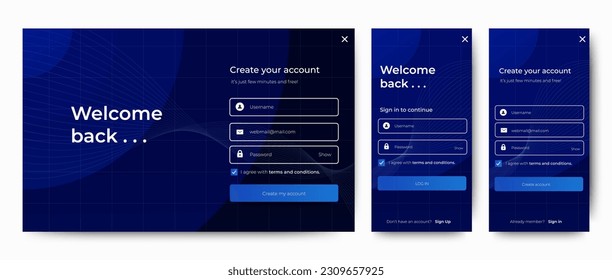 Set of Sign Up and Sign In forms. Blue gradient. Registration and login forms page. Professional web design, full set of elements. User-friendly design materials.	