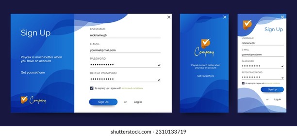 Set of Sign Up and Sign In forms. Blue gradient. Registration and login forms page. Professional web design, full set of elements. User-friendly design materials.