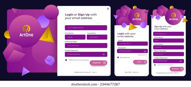 Set of Sign Up and Sign In forms. Blue gradient. Mobile Registration and login forms page. Professional web design, full set of elements. User-friendly design materials. svg