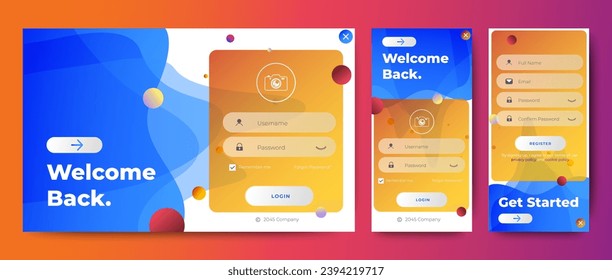 Configurar formularios de suscripción e inicio de sesión. Gradiente azul. Página Registro móvil y formularios de inicio de sesión. Diseño web profesional, conjunto completo de elementos. Materiales de diseño fáciles de usar.	