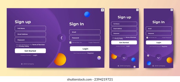 Set of Sign Up and Sign In forms. Blue gradient. Mobile Registration and login forms page. Professional web design, full set of elements. User-friendly design materials.	