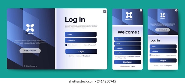 Configurar formularios de suscripción e inicio de sesión. Gradiente azul. Página Registro móvil y formularios de inicio de sesión. Diseño web profesional, conjunto completo de elementos. Materiales de diseño fáciles de usar