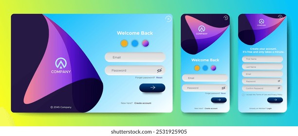 Gruppe von Formularen für die Anmeldung und Anmeldung. Farbverlauf. Mobile Registrierung und Login-Formulare. Professionelles Web-Design, voller Satz von Elementen. Benutzerfreundliche Designmaterialien.
