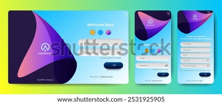 Set of Sign Up and Sign In forms. colorful gradient. Mobile Registration and login forms page. Professional web design, full set of elements. User-friendly design materials.