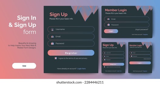 Set of Sign Up and Sign In forms. Dark Concept. Mobile Registration and login forms page. Professional web design, full set of elements. User-friendly design materials.	