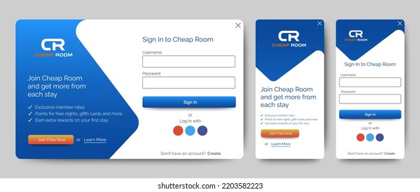 Set of Sign Up and Sign In forms for Hotel website and mobile. Blue gradient background with modern logo. Registration and login forms page. Professional web design, full set of elements. User-friendl