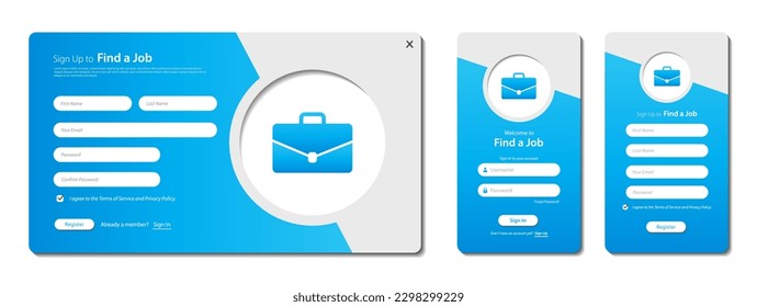 Set of Sign Up and Sign In forms. Login form page and Mobile registration for find a job. Graphical user interface for responsive mobile application and Website page
