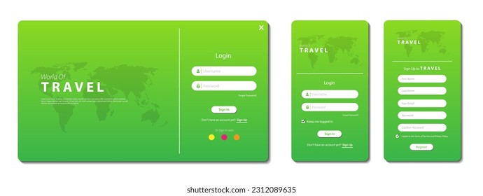 Configurar formularios de suscripción e inicio de sesión. Página de formulario de inicio de sesión y Registro móvil para reservas de viajes. Interfaz gráfica de usuario para aplicaciones móviles receptivas y página web
