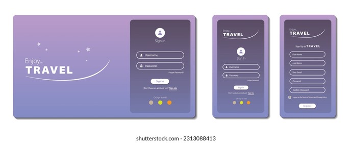 Set of Sign Up and Sign In forms. Login form page and Mobile registration for travel tour. Graphical user interface for responsive mobile application and Website page