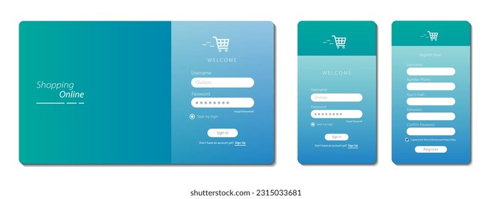 Set of Sign Up and Sign In forms. Login form page and Mobile registration for online shopping. Graphical user interface for responsive mobile application and Website page