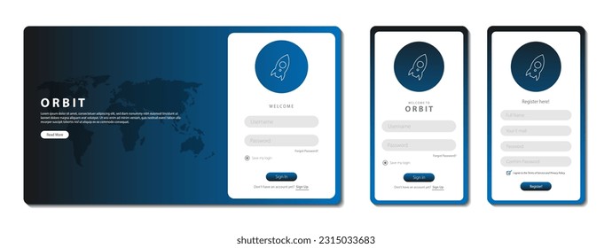 Configurar formularios de suscripción e inicio de sesión. Página de formulario de inicio de sesión y Registro móvil para el tour de exploración espacial. Interfaz gráfica de usuario para aplicaciones móviles receptivas y página web