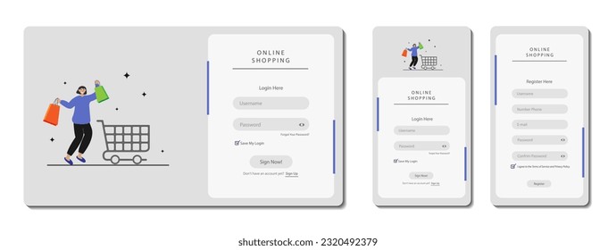 Set of Sign Up and Sign In forms. Login form page and Mobile registration for online shopping. Graphical user interface for responsive mobile application and Website page