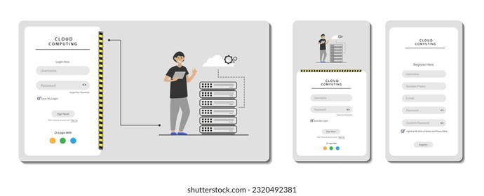 Set of Sign Up and Sign In forms. Login form page and Mobile registration for cloud computing. Graphical user interface for responsive mobile application and Website page