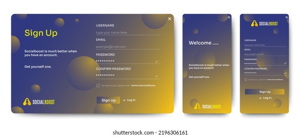 Set of Sign Up and Sign In forms. Orange gradient. Registration and login forms page. Professional web design, full set of elements. User-friendly design materials.