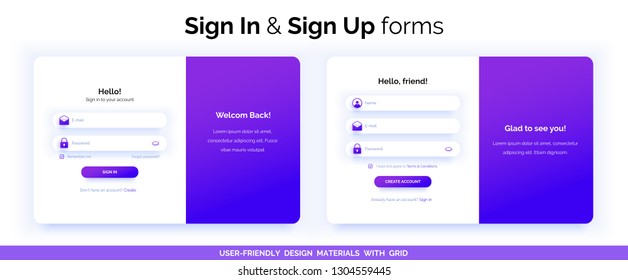 Set Sign Up   Sign In forms  Purple gradient  Registration   login forms page  Professional web design  full set elements  User  friendly design materials 